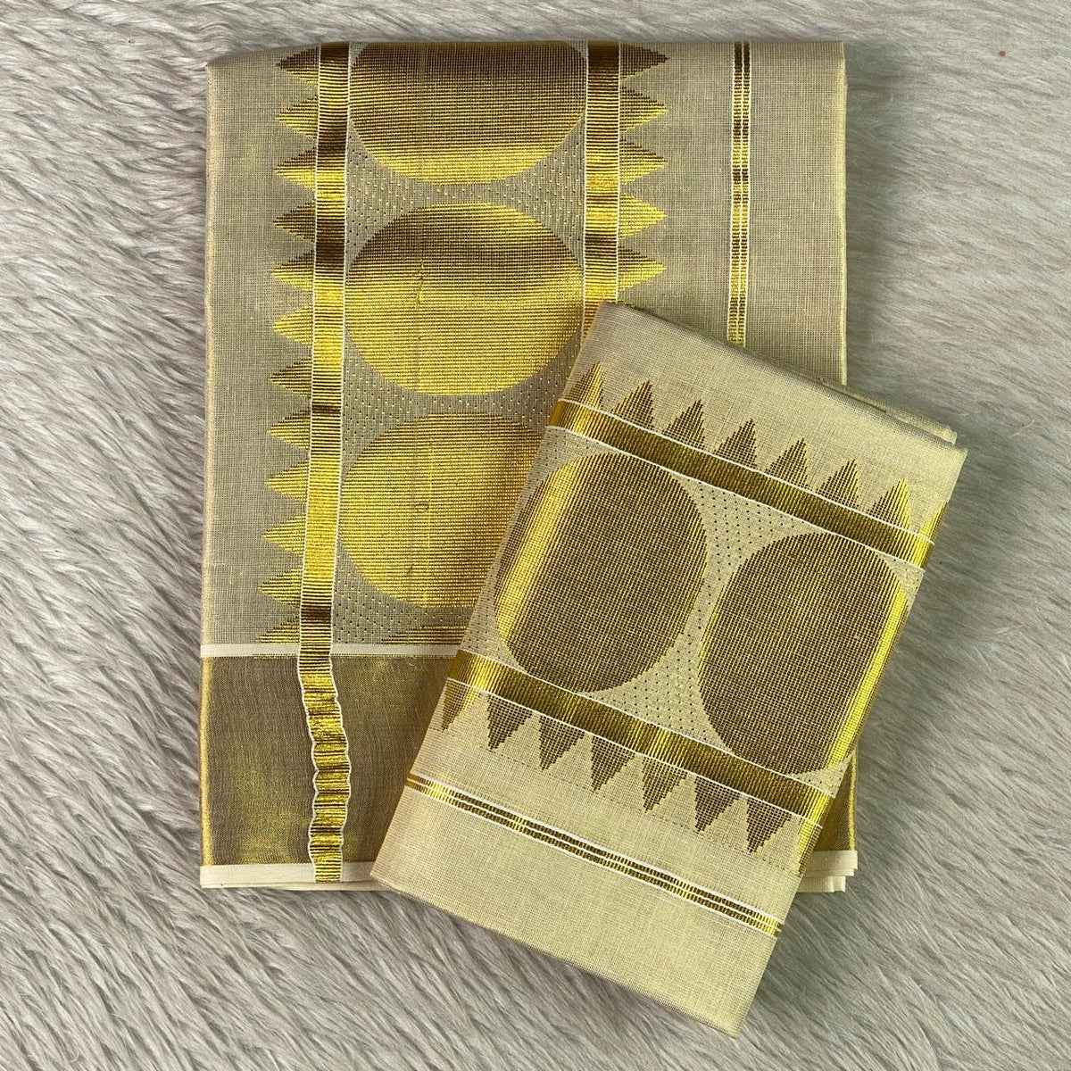 Butta Golden Coin Polka with Triangle Design  Tissue Set Mundu