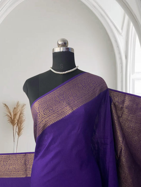 Devasena Banarasi Silk Saree – Violet with Golden Border