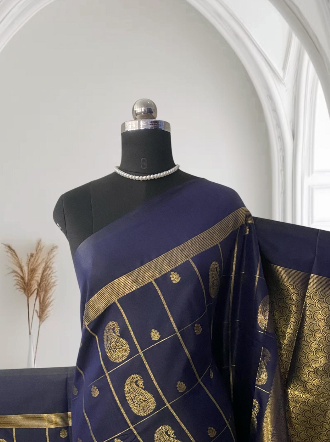 Souparnika Golden Mango Royal Silk Saree – Navy Blue