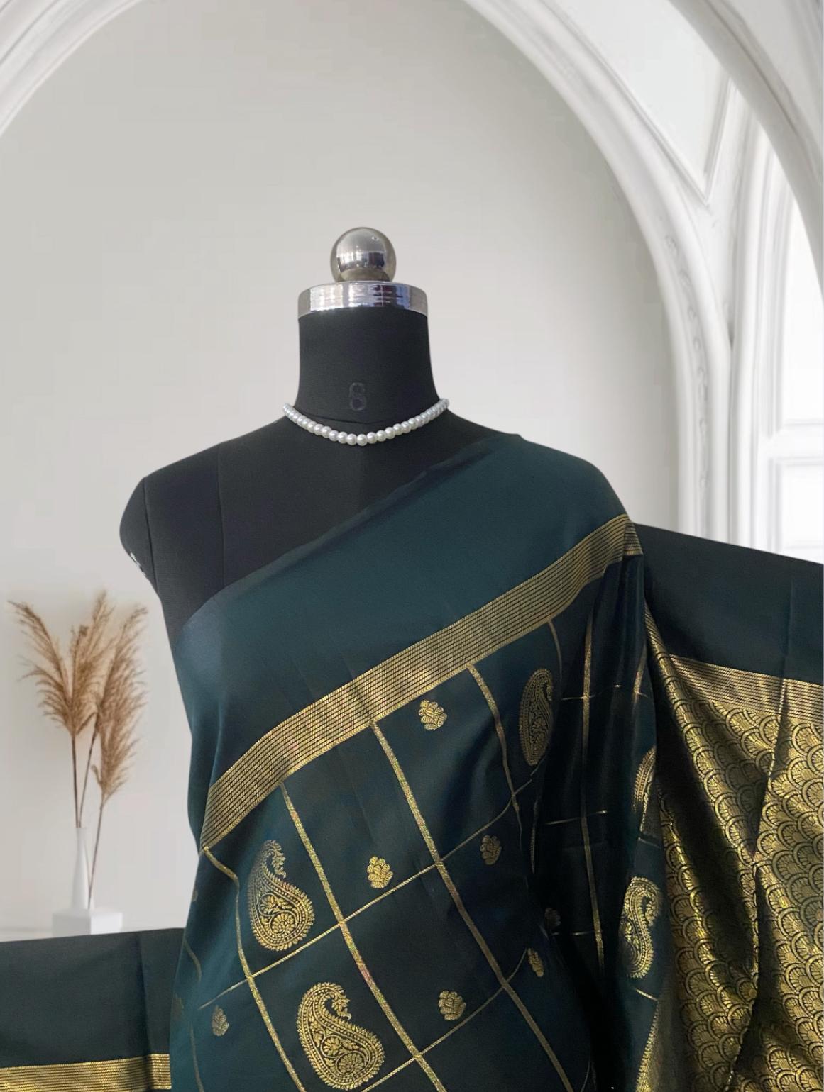 Souparnika Golden Mango Royal Silk Saree – Green