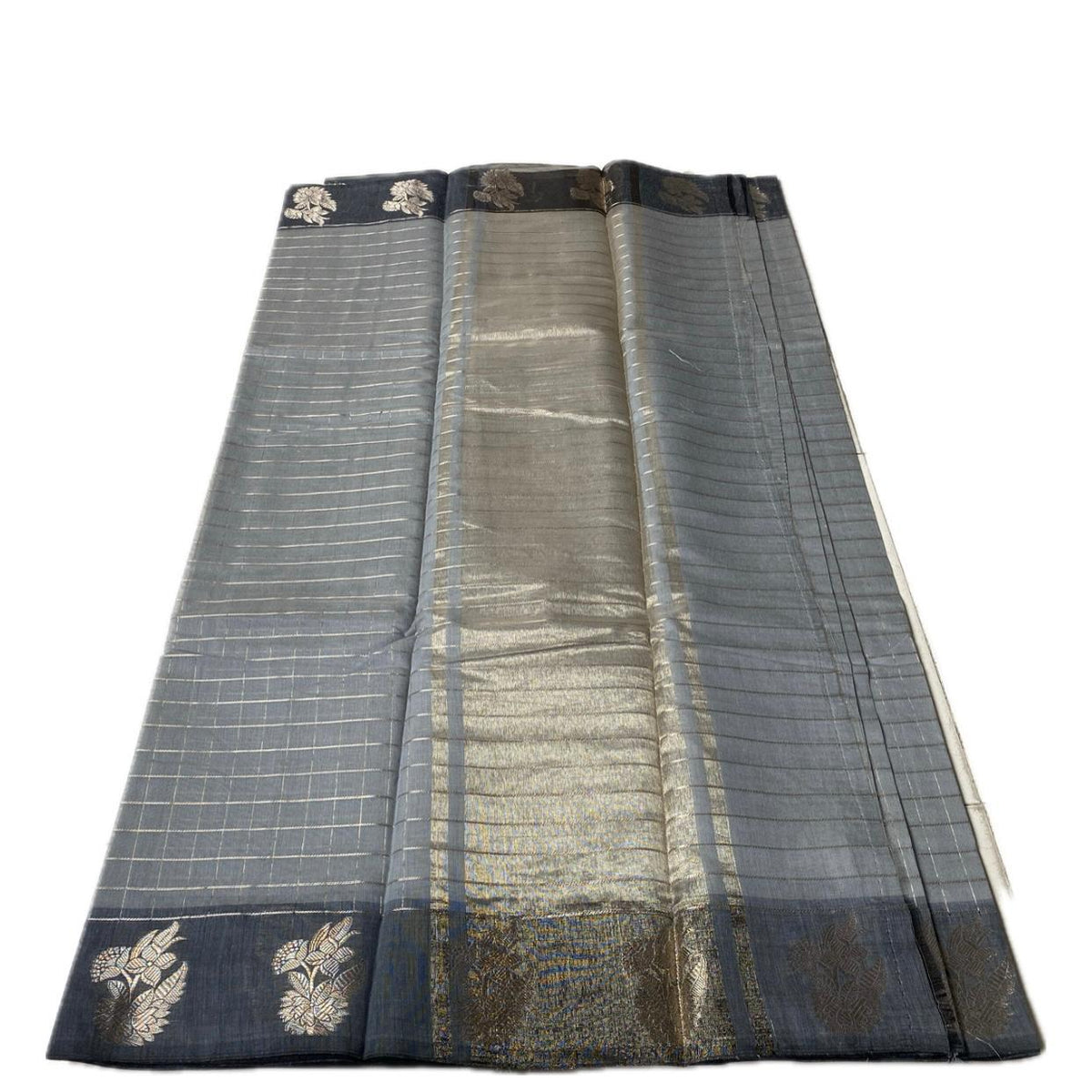 Lavanya Mul Chanderi Checks Silk Saree Grey