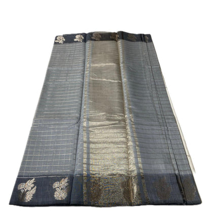 Lavanya Mul Chanderi Checks Silk Saree Grey