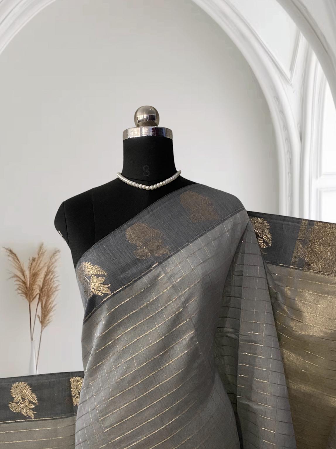 Lavanya Mul Chanderi Checks Silk Saree Grey