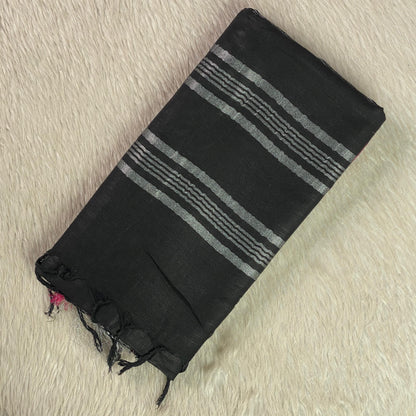 🖤 Silver Stripe Cotton Saree Black🖤