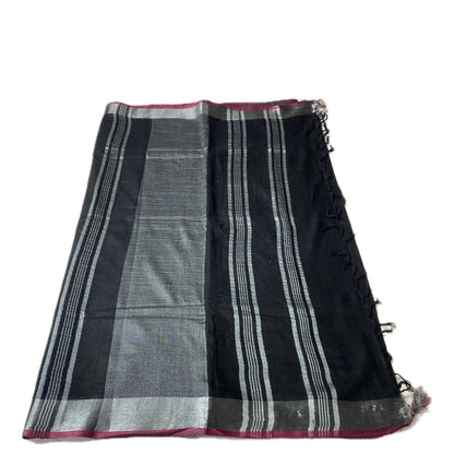 🖤 Silver Stripe Cotton Saree Black🖤