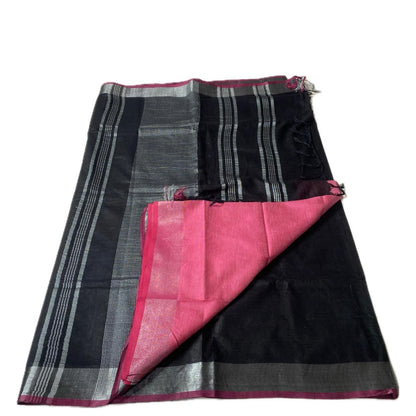 🖤 Silver Stripe Cotton Saree Black🖤
