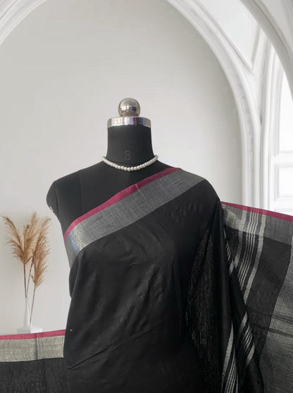 🖤 Silver Stripe Cotton Saree Black🖤