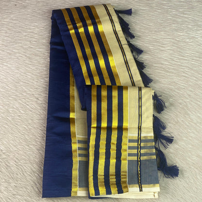 Royale Golden Kasavu Saree Blue
