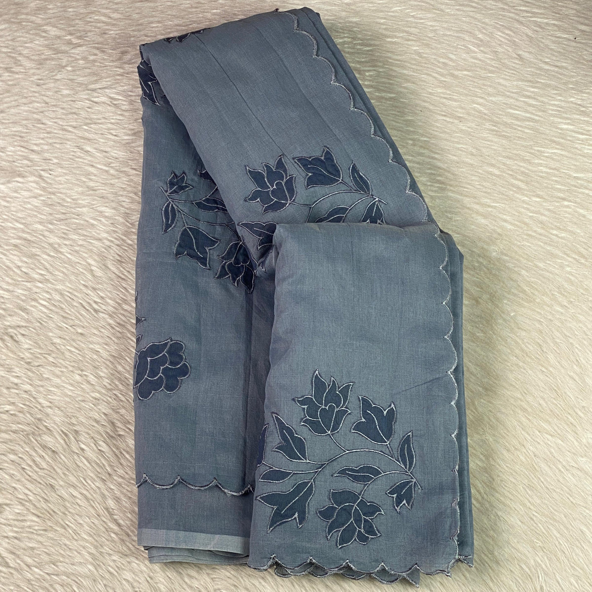 Floral Embroidary Chanderi Cotton Saree Grey
