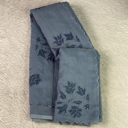 Floral Embroidary Chanderi Cotton Saree Grey