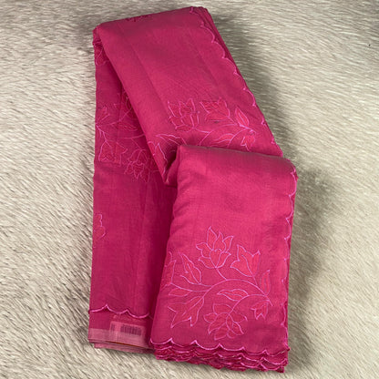 Floral Embroidary Chanderi Cotton Saree Pink