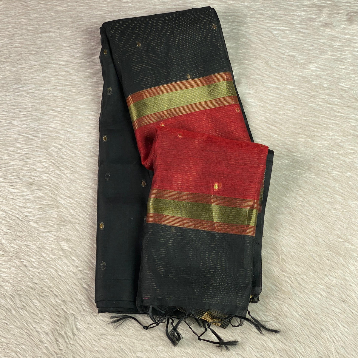 Paru Chanderi Cotton Saree – Black & Red