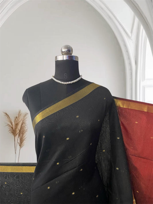 Paru Chanderi Cotton Saree – Black & Red