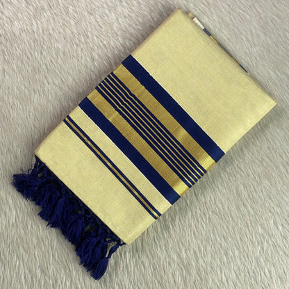 Vyshnavi Golden Tissue saree with Blue Striped Border