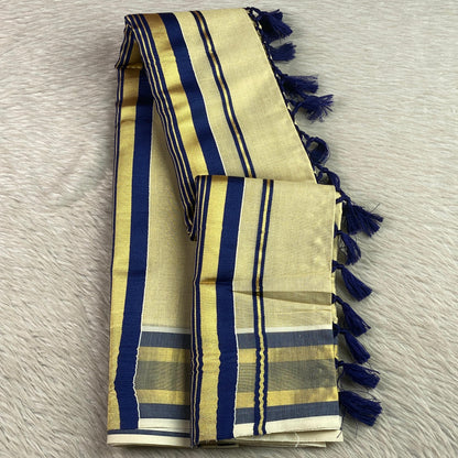 Vyshnavi Golden Tissue saree with Blue Striped Border