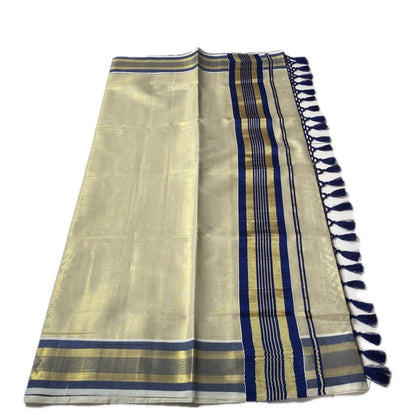 Vyshnavi Golden Tissue saree with Blue Striped Border