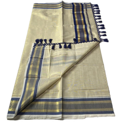 Vyshnavi Golden Tissue saree with Blue Striped Border