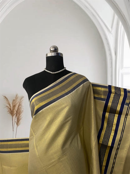 Vyshnavi Golden Tissue saree with Blue Striped Border