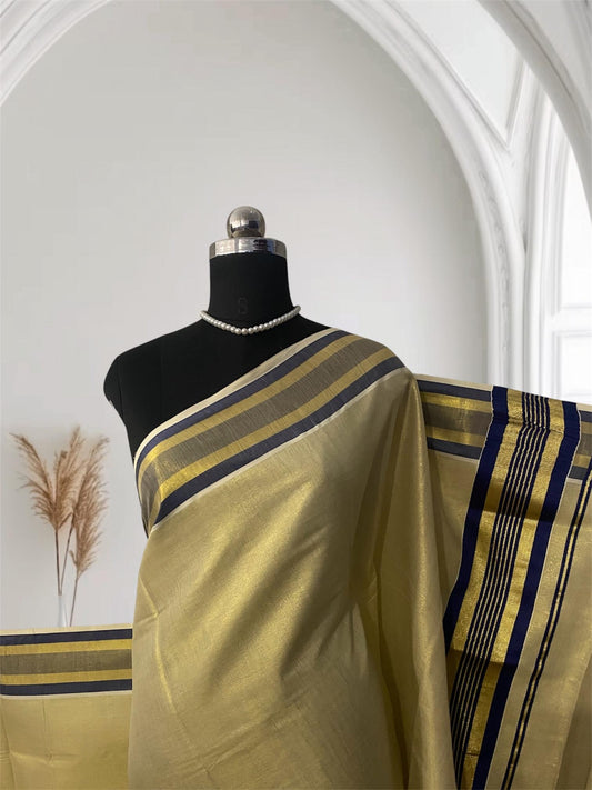 Vyshnavi Golden Tissue saree with Blue Striped Border