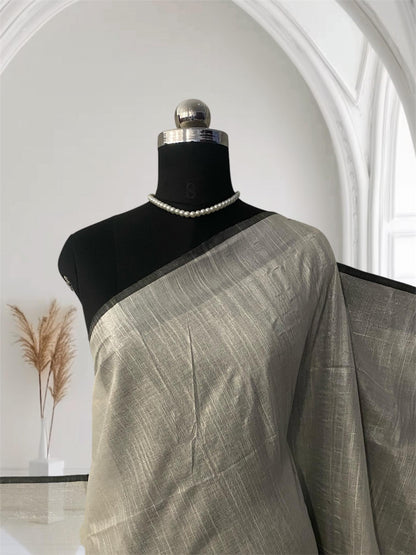 Pavithra Premium Cotton Linen blend White Saree with Black Border