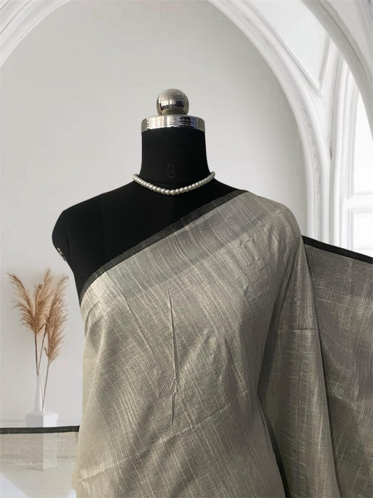 Pavithra Premium Cotton Linen blend White Saree with Black Border