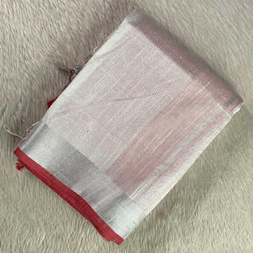 Pavithra Premium Cotton Linen blend Light White Saree with Red Border