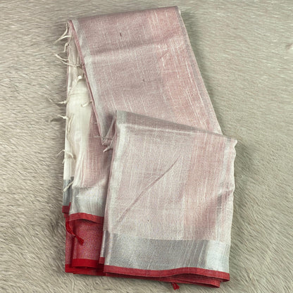 Pavithra Premium Cotton Linen blend Light White Saree with Red Border
