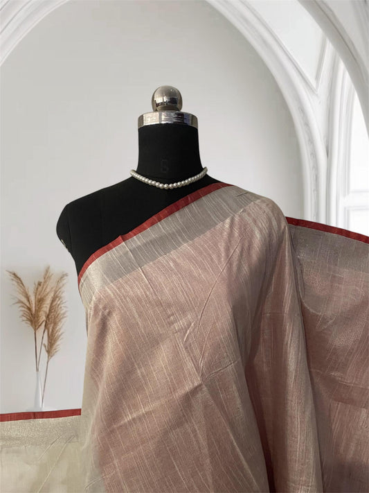 Pavithra Premium Cotton Linen blend Light White Saree with Red Border