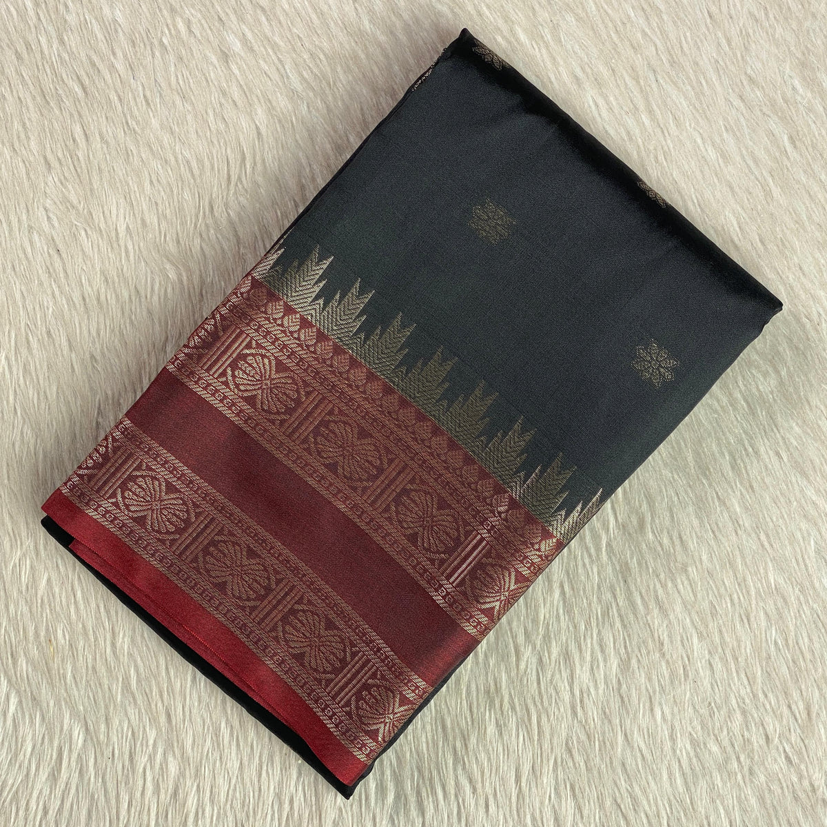 Black Semi Silk Saree with Golden Zari Buttas & Maroon Zari Border