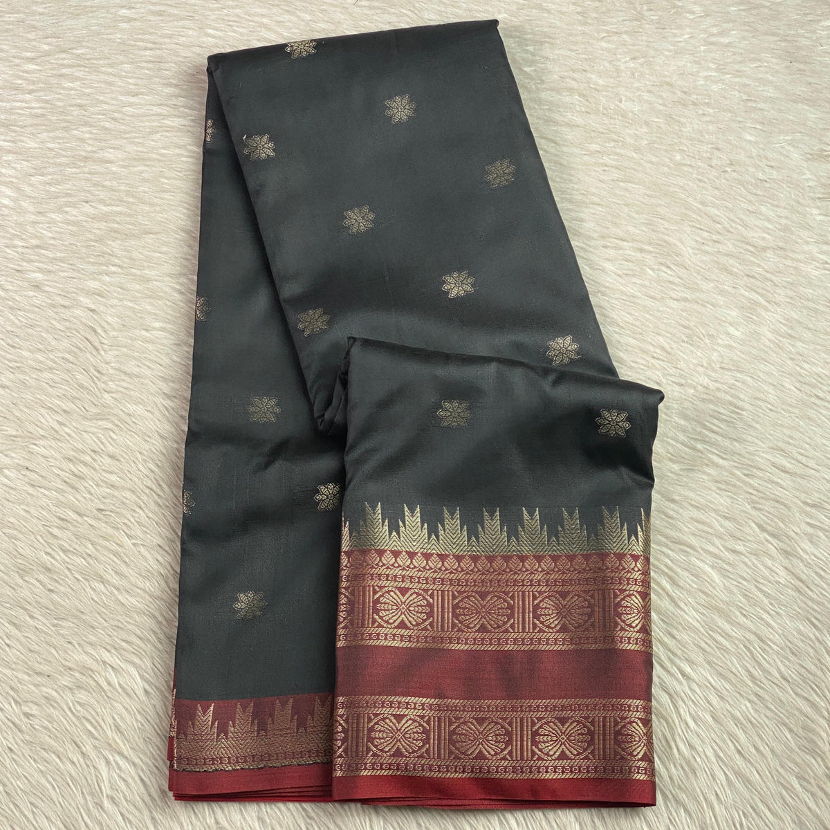 Black Semi Silk Saree with Golden Zari Buttas & Maroon Zari Border