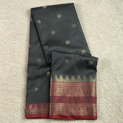 Black Semi Silk Saree with Golden Zari Buttas & Maroon Zari Border
