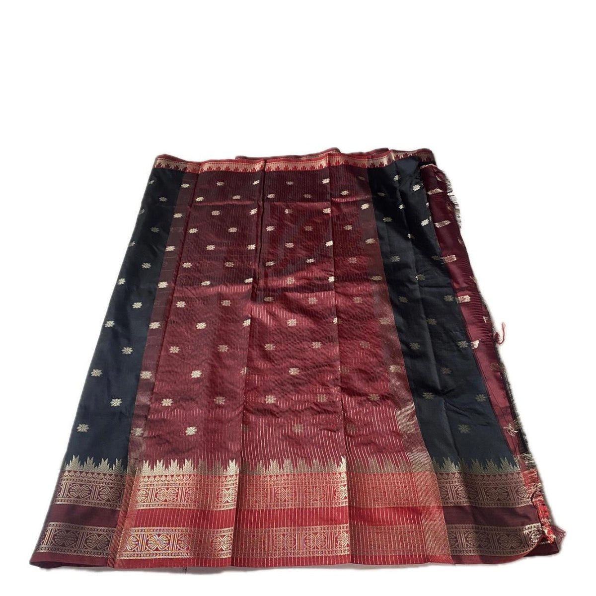 Black Semi Silk Saree with Golden Zari Buttas & Maroon Zari Border