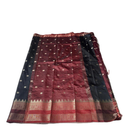 Black Semi Silk Saree with Golden Zari Buttas & Maroon Zari Border