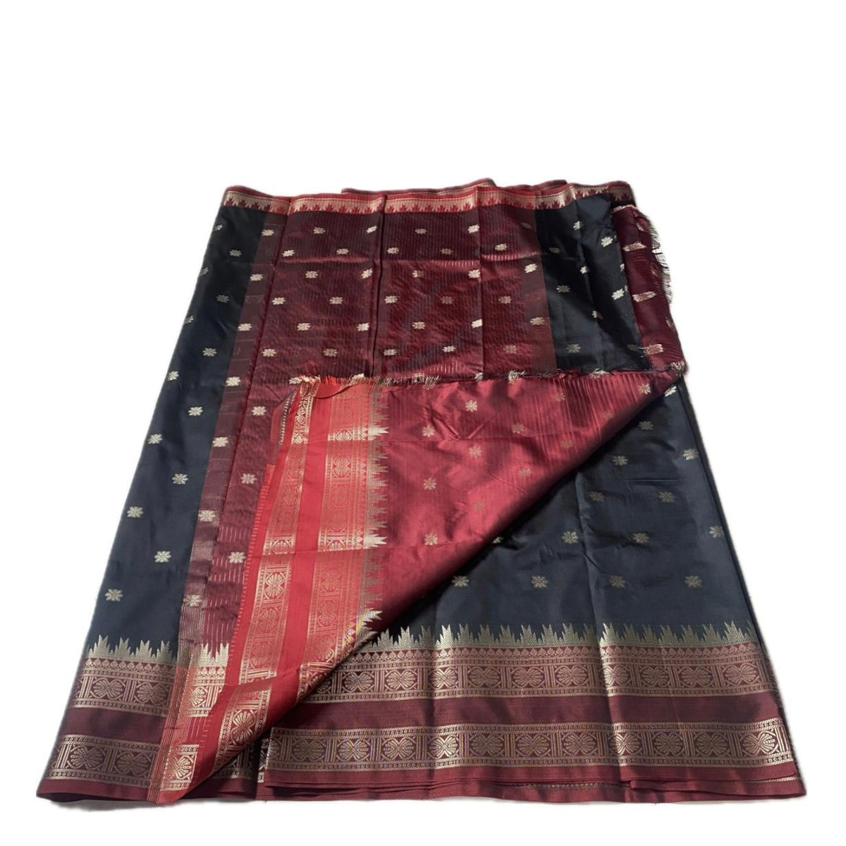 Black Semi Silk Saree with Golden Zari Buttas & Maroon Zari Border