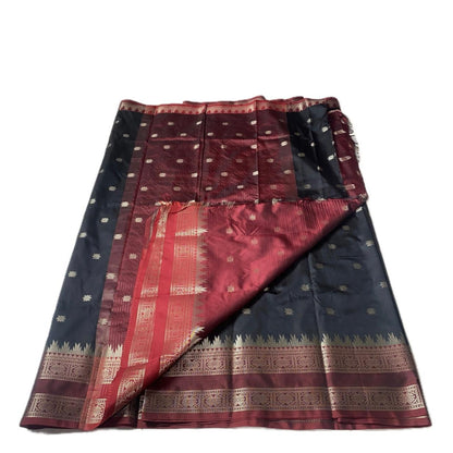 Black Semi Silk Saree with Golden Zari Buttas & Maroon Zari Border