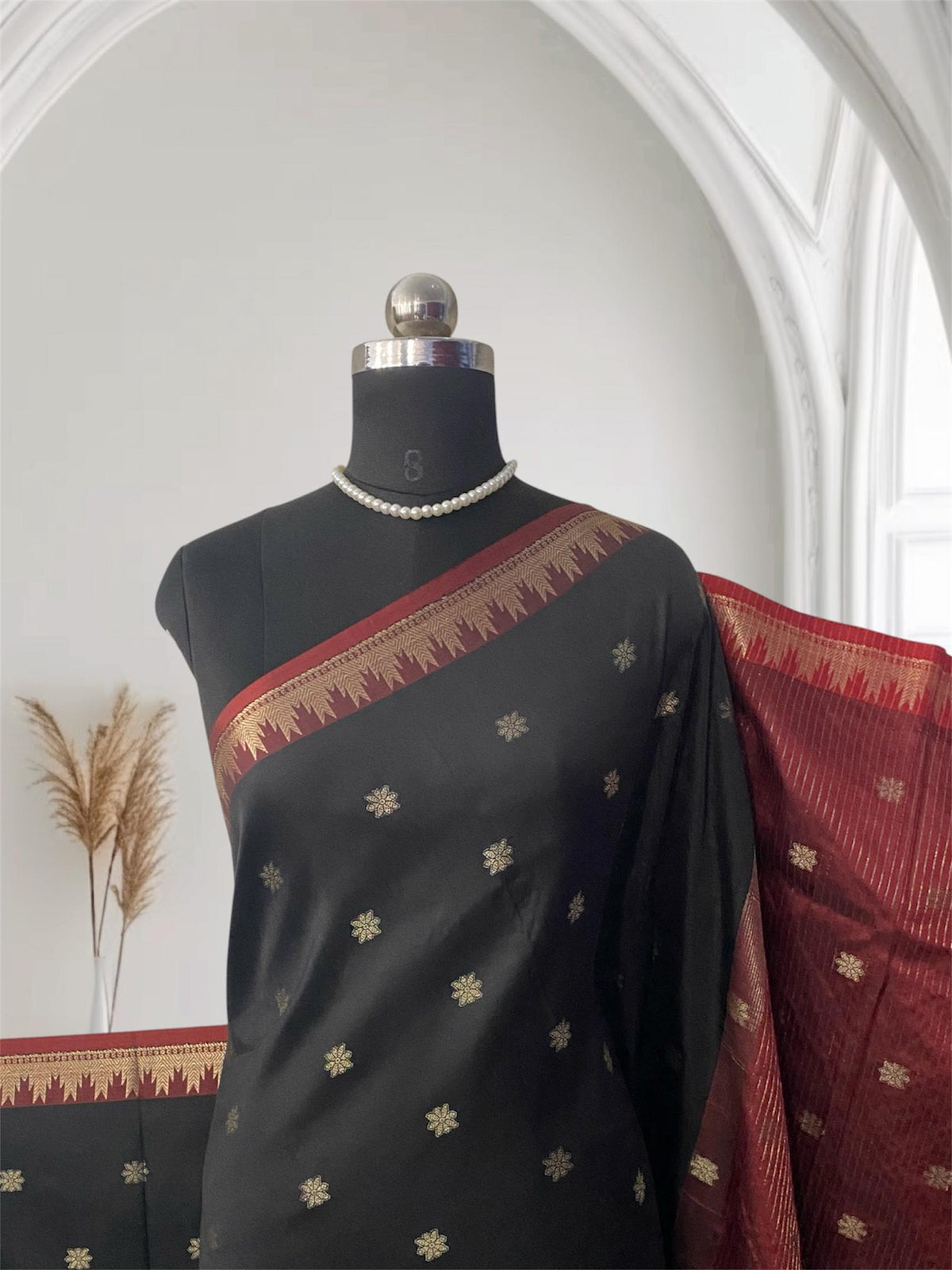 Black Semi Silk Saree with Golden Zari Buttas & Maroon Zari Border