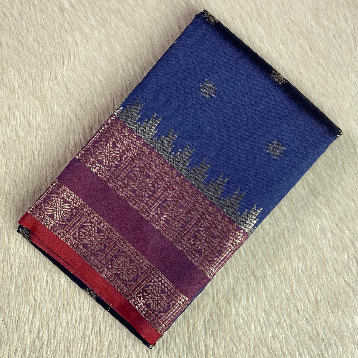 Blue Semi Silk Saree with Golden Zari Buttas & Maroon Zari Border