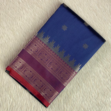 Blue Semi Silk Saree with Golden Zari Buttas & Maroon Zari Border