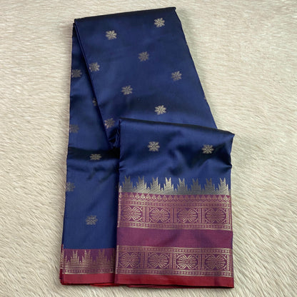 Blue Semi Silk Saree with Golden Zari Buttas & Maroon Zari Border