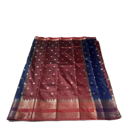 Blue Semi Silk Saree with Golden Zari Buttas & Maroon Zari Border