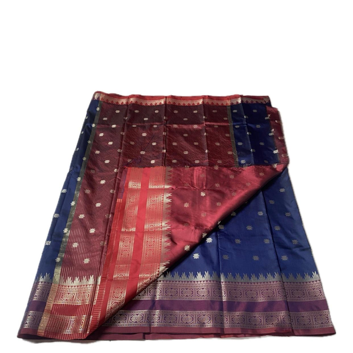 Blue Semi Silk Saree with Golden Zari Buttas & Maroon Zari Border