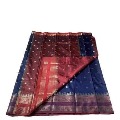Blue Semi Silk Saree with Golden Zari Buttas & Maroon Zari Border