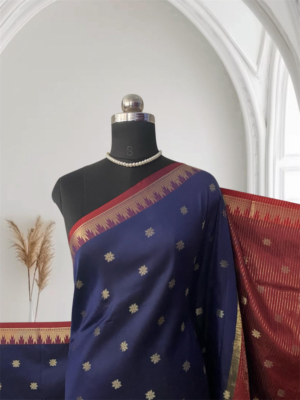 Blue Semi Silk Saree with Golden Zari Buttas & Maroon Zari Border