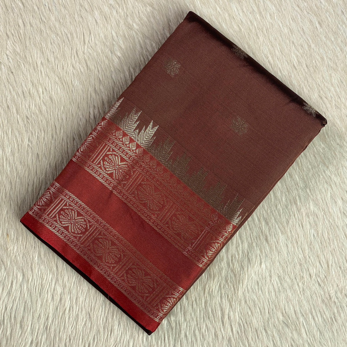 Blue Semi Silk Saree with Golden Zari Buttas & Maroon Zari Border