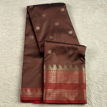 Blue Semi Silk Saree with Golden Zari Buttas & Maroon Zari Border