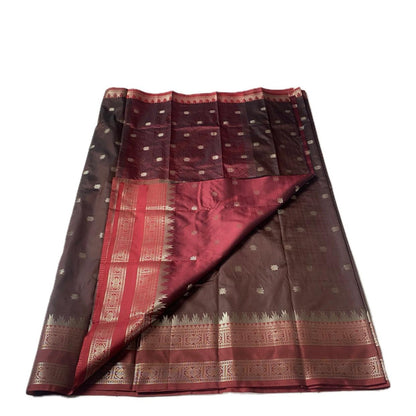 Blue Semi Silk Saree with Golden Zari Buttas & Maroon Zari Border