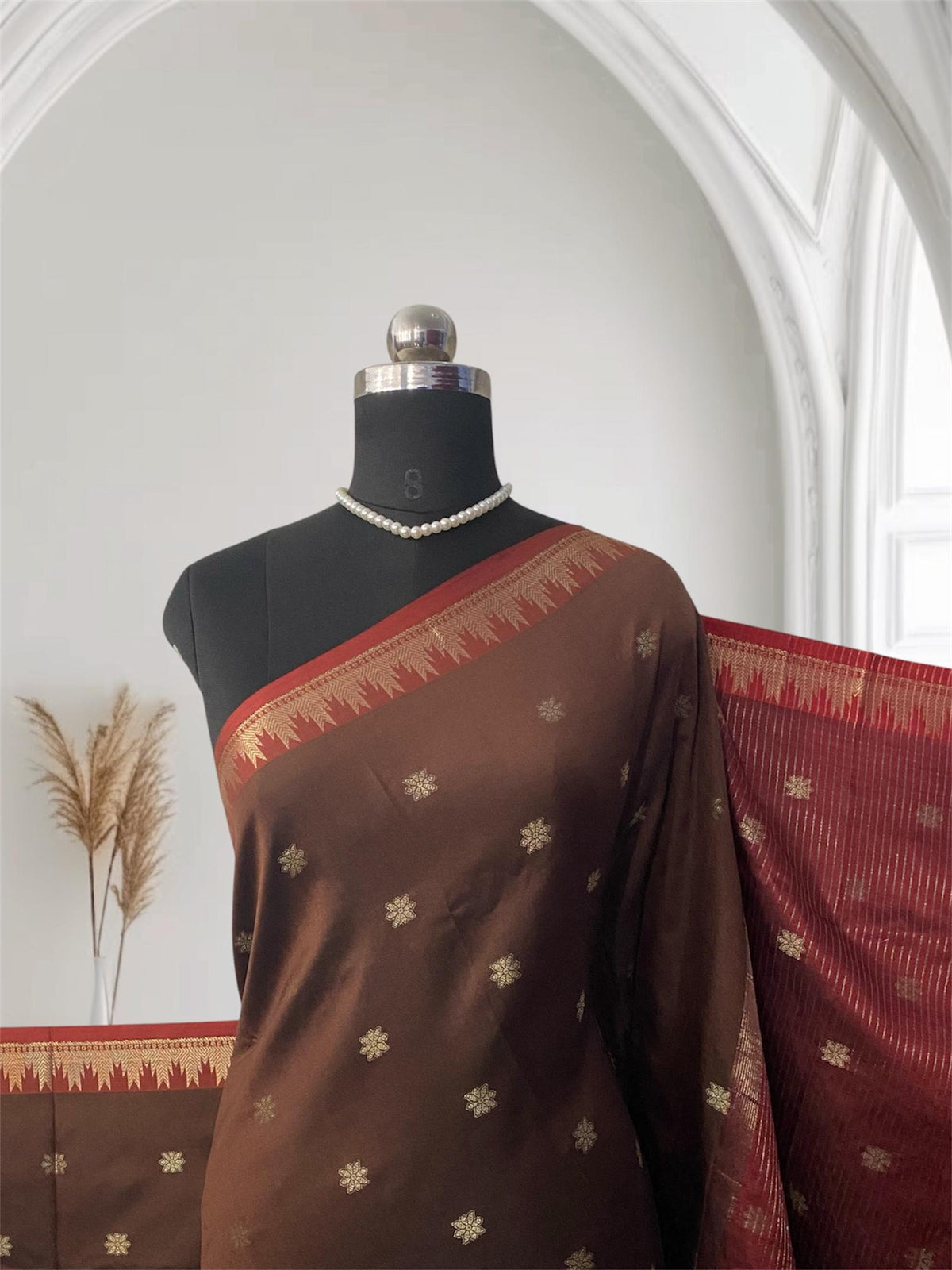 Blue Semi Silk Saree with Golden Zari Buttas & Maroon Zari Border