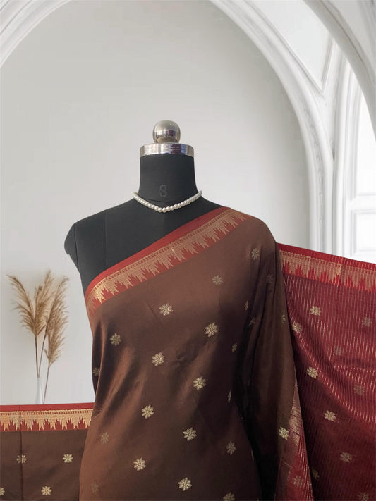 Blue Semi Silk Saree with Golden Zari Buttas & Maroon Zari Border