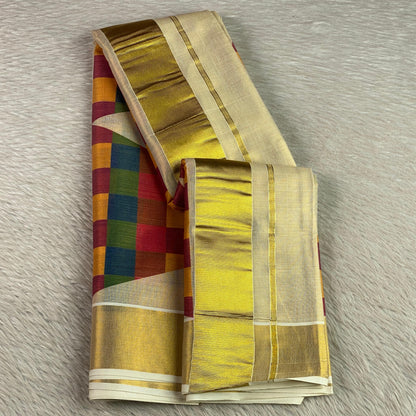 🌈 Triangle Madras Check Kerala Kasavu Saree with Triangle Pattern 🌈