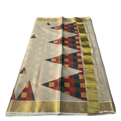 🌈 Triangle Madras Check Kerala Kasavu Saree with Triangle Pattern 🌈